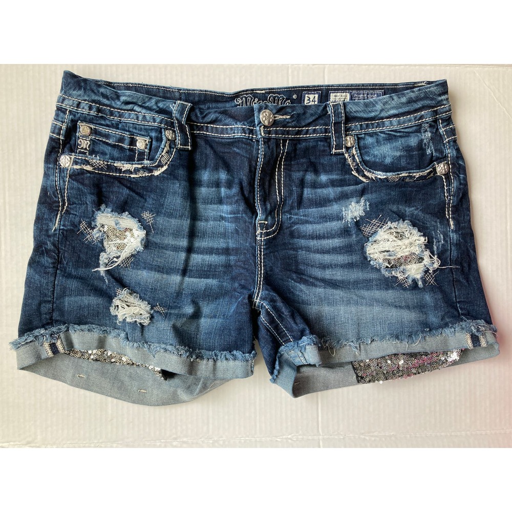 Miss Me Sequined Mid Rise Easy Shorts Distressed Womens Denim Shorts  Size 34